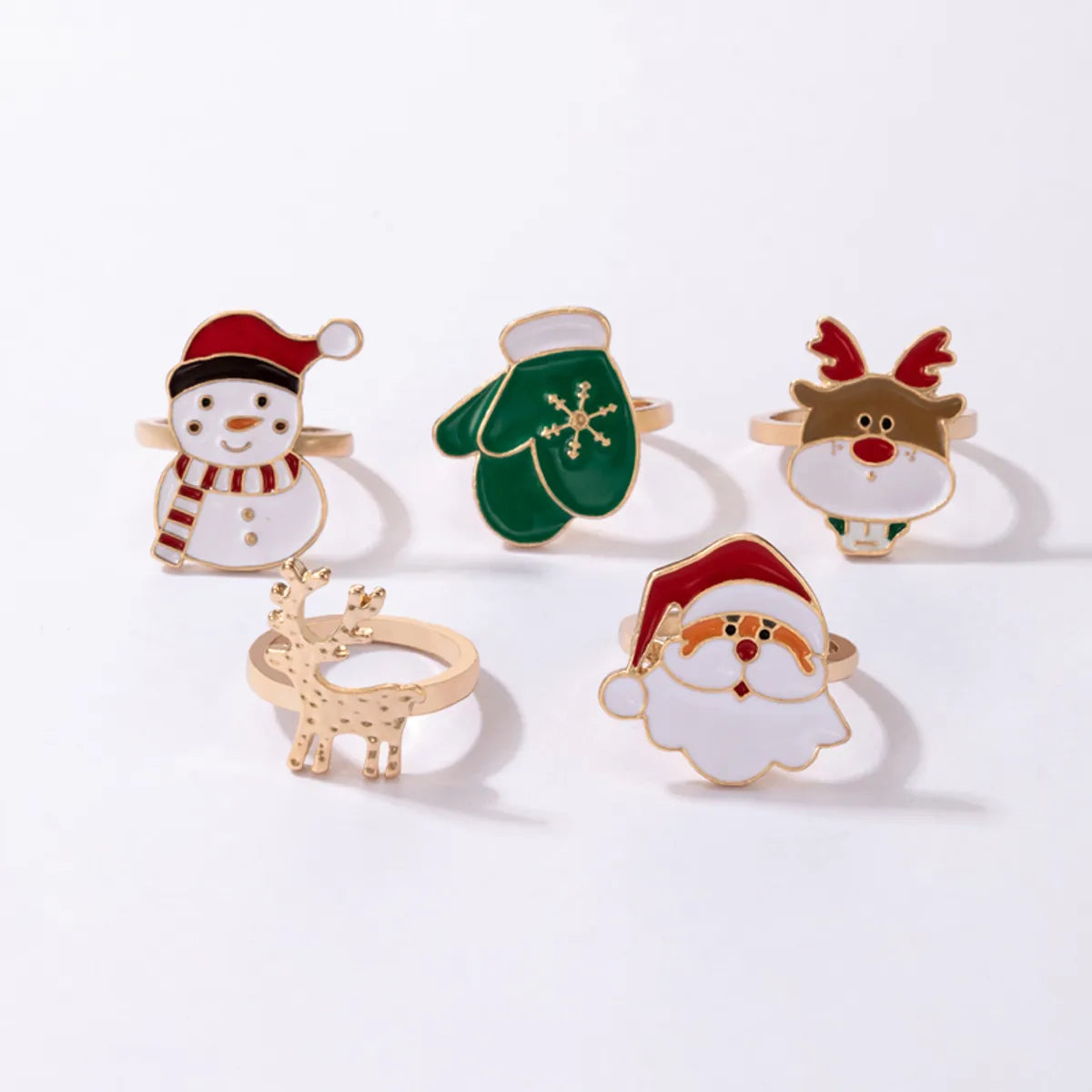 Cute Santa Claus Snowman Elk Alloy Enamel Women'S Rings 5 Pieces