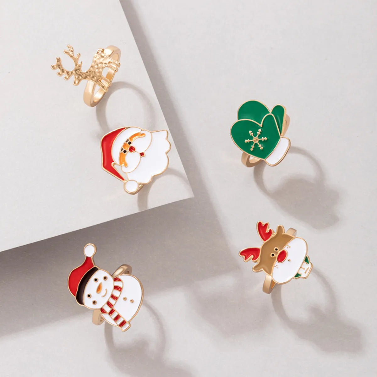 Cute Santa Claus Snowman Elk Alloy Enamel Women'S Rings 5 Pieces