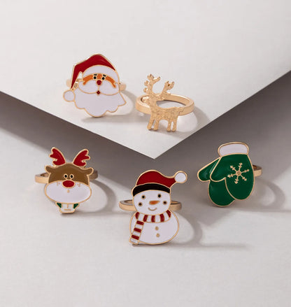 Cute Santa Claus Snowman Elk Alloy Enamel Women'S Rings 5 Pieces