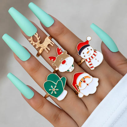 Cute Santa Claus Snowman Elk Alloy Enamel Women'S Rings 5 Pieces