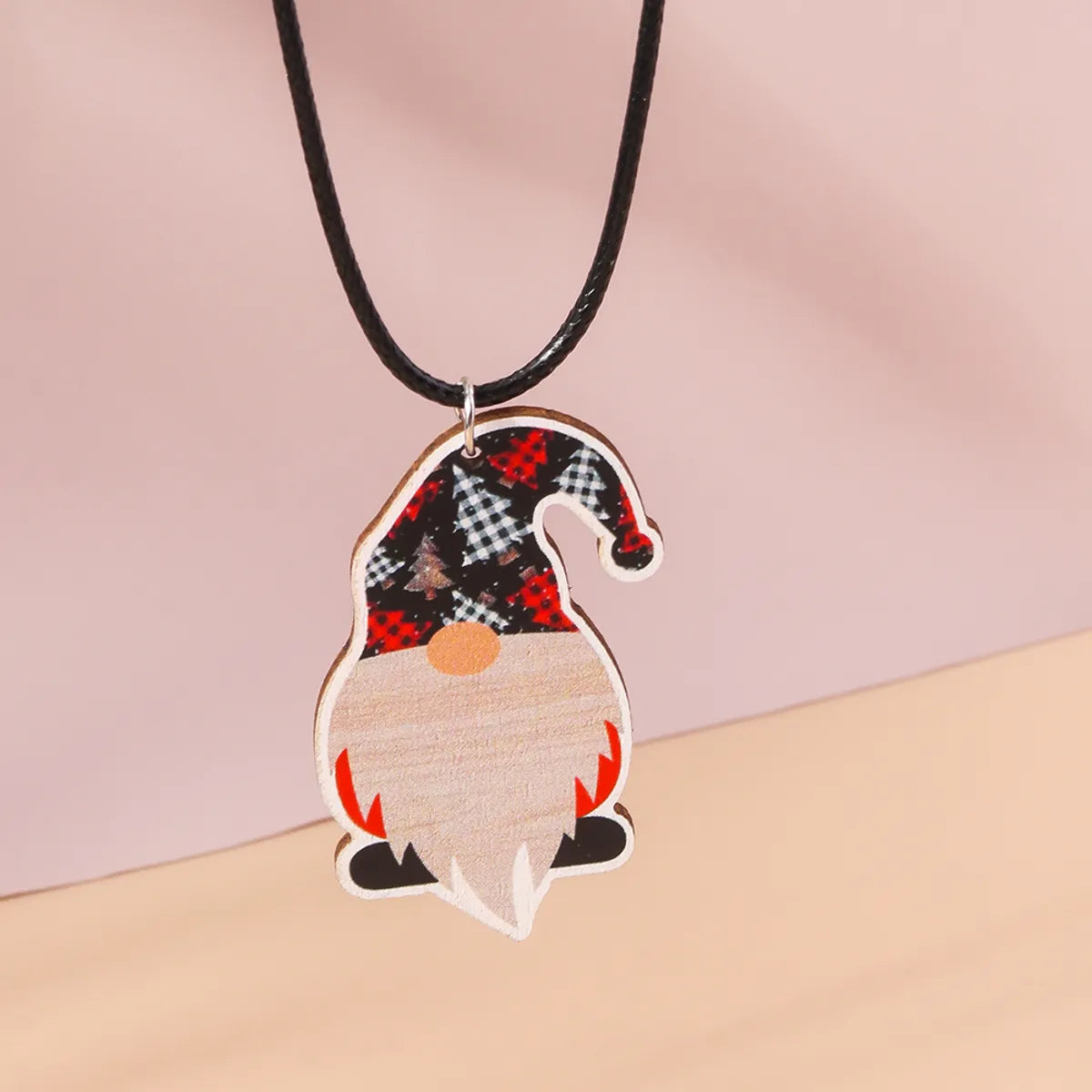 Cute Santa Claus Wood Printing Christmas Women's Pendant Necklace