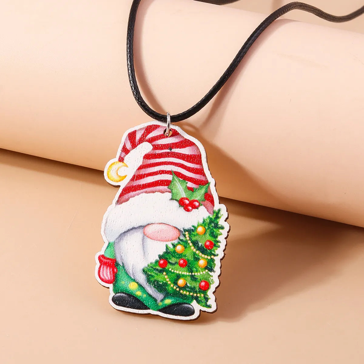 Cute Santa Claus Wood Printing Christmas Women's Pendant Necklace