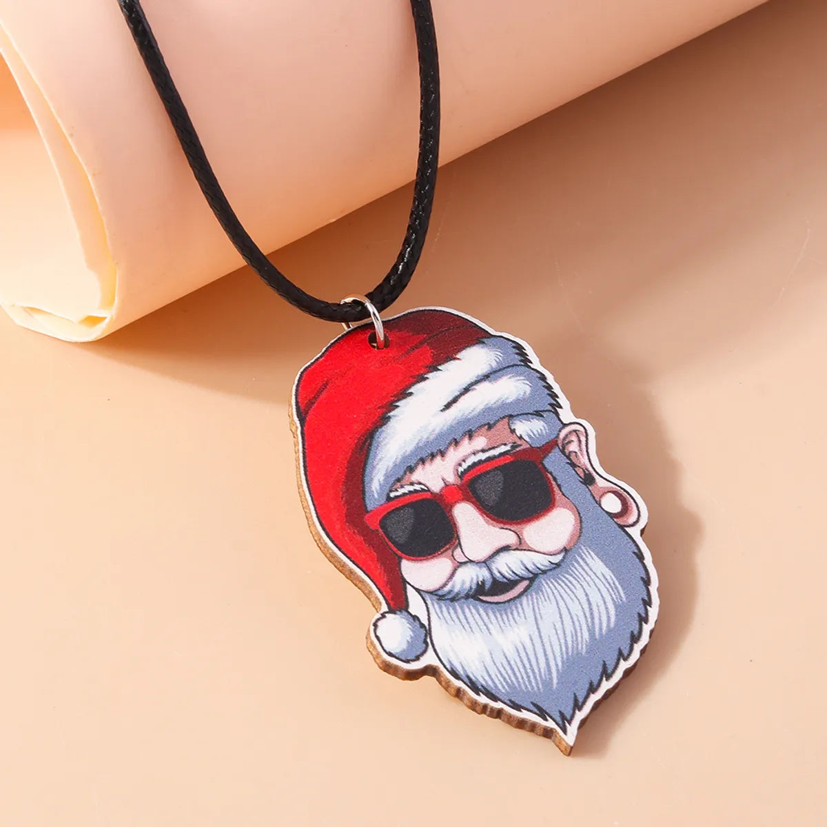 Cute Santa Claus Wood Printing Christmas Women's Pendant Necklace