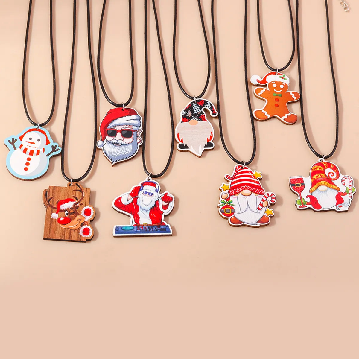 Cute Santa Claus Wood Printing Christmas Women's Pendant Necklace