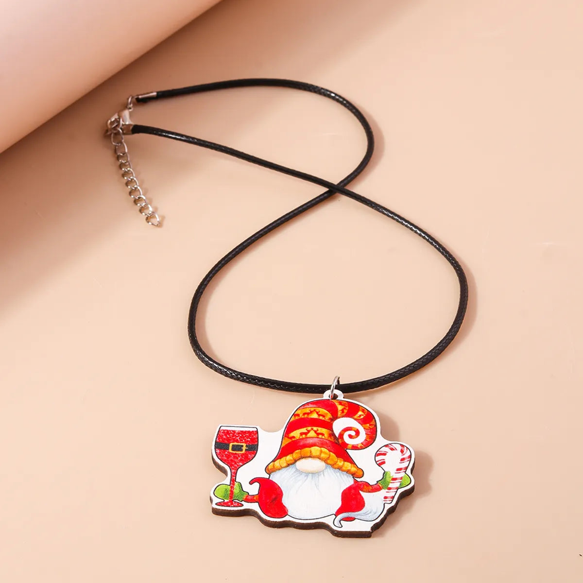 Cute Santa Claus Wood Printing Christmas Women's Pendant Necklace