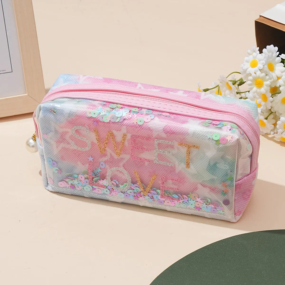 Cute Sequins Letter Polyester Square Makeup Bags