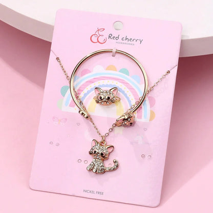 Cute Shiny Cat Alloy Iron Zinc Enamel Inlay Rhinestones Gold Plated Girl'S Jewelry Set