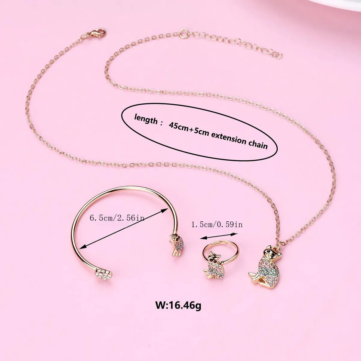 Cute Shiny Cat Alloy Iron Zinc Enamel Inlay Rhinestones Gold Plated Girl'S Jewelry Set