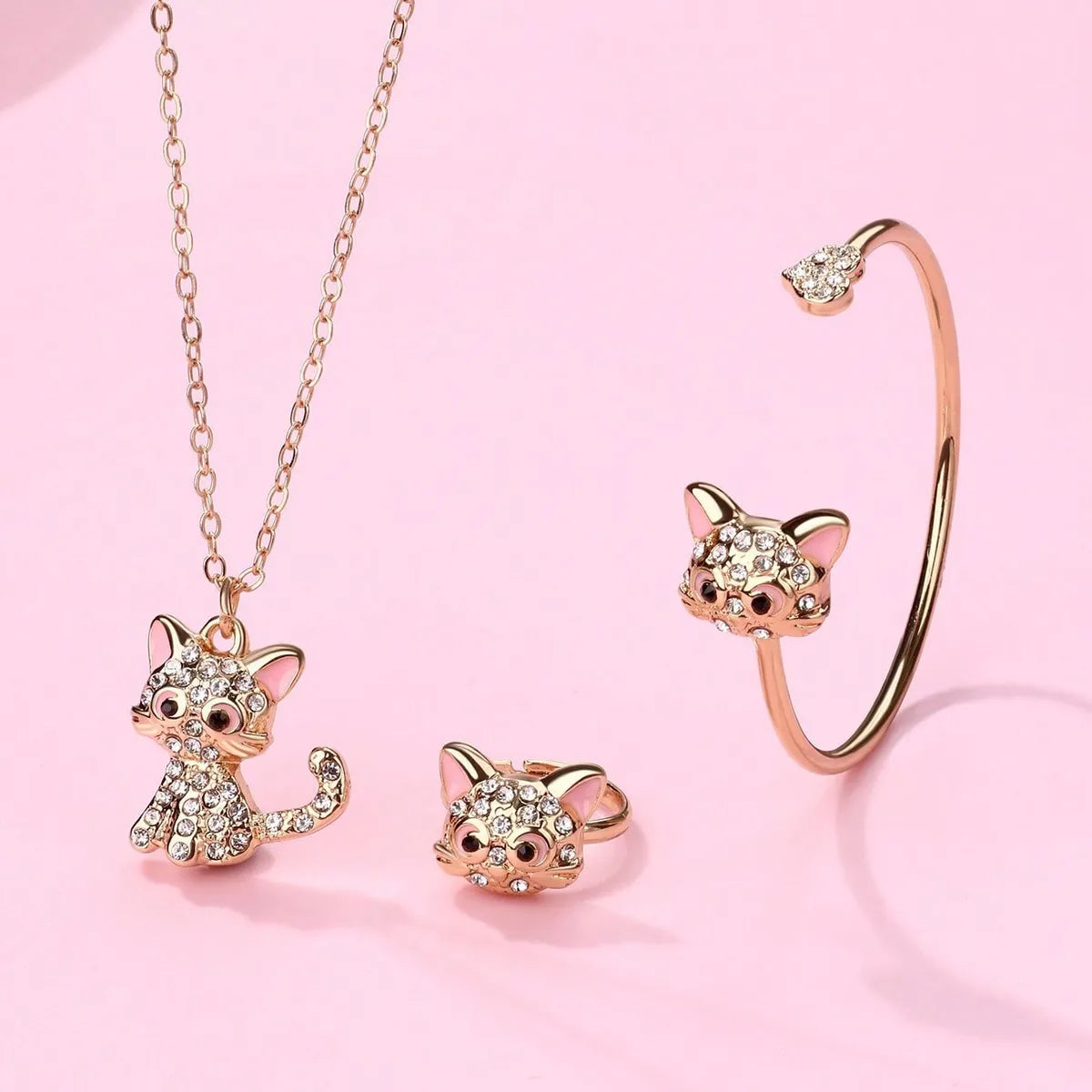 Cute Shiny Cat Alloy Iron Zinc Enamel Inlay Rhinestones Gold Plated Girl'S Jewelry Set