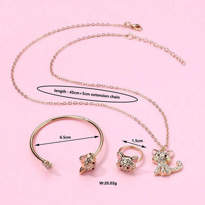 Cute Shiny Cat Alloy Iron Zinc Enamel Inlay Rhinestones Gold Plated Girl'S Jewelry Set