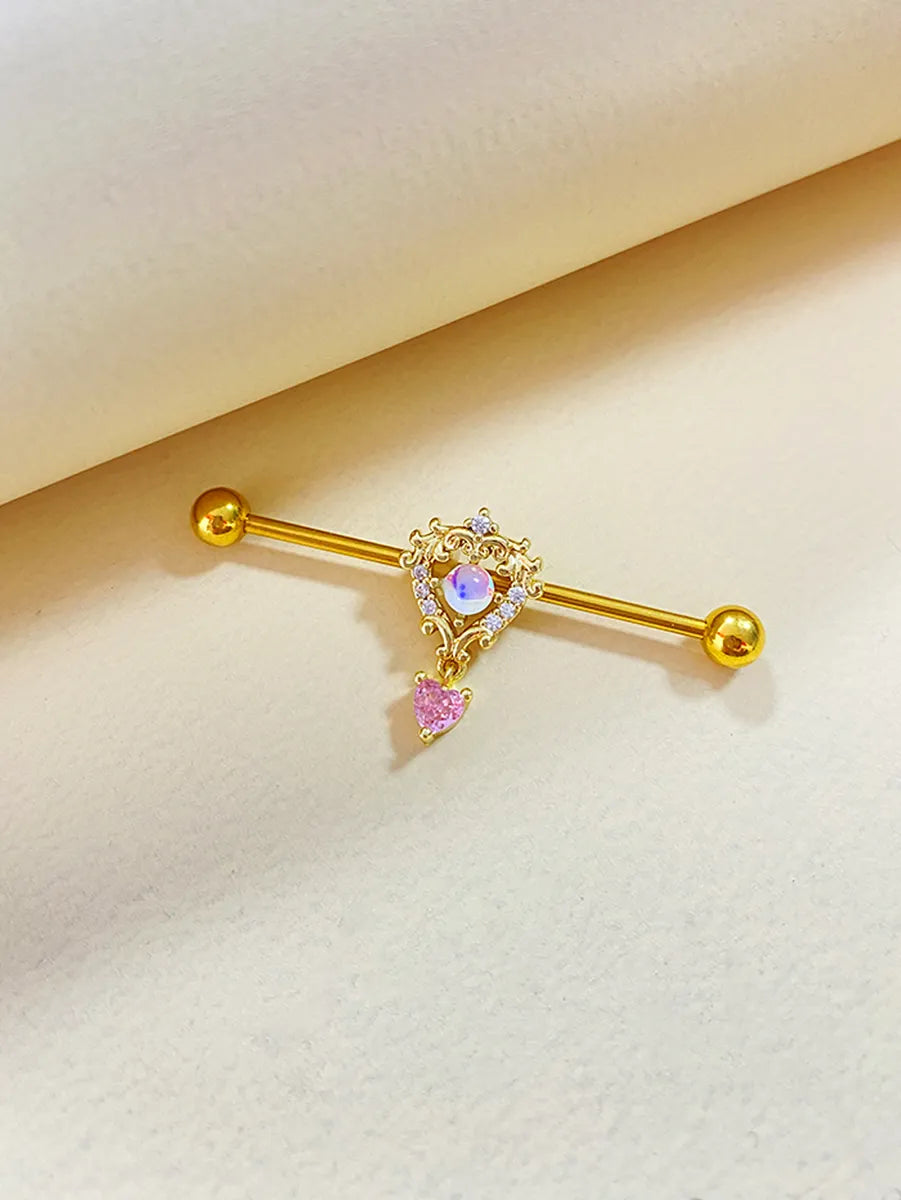 Cute Shiny Heart Shape Stainless Steel Steel Copper Plating Hollow Out Inlay Zircon White Gold Plated Gold Plated Ear Studs Belly Ring