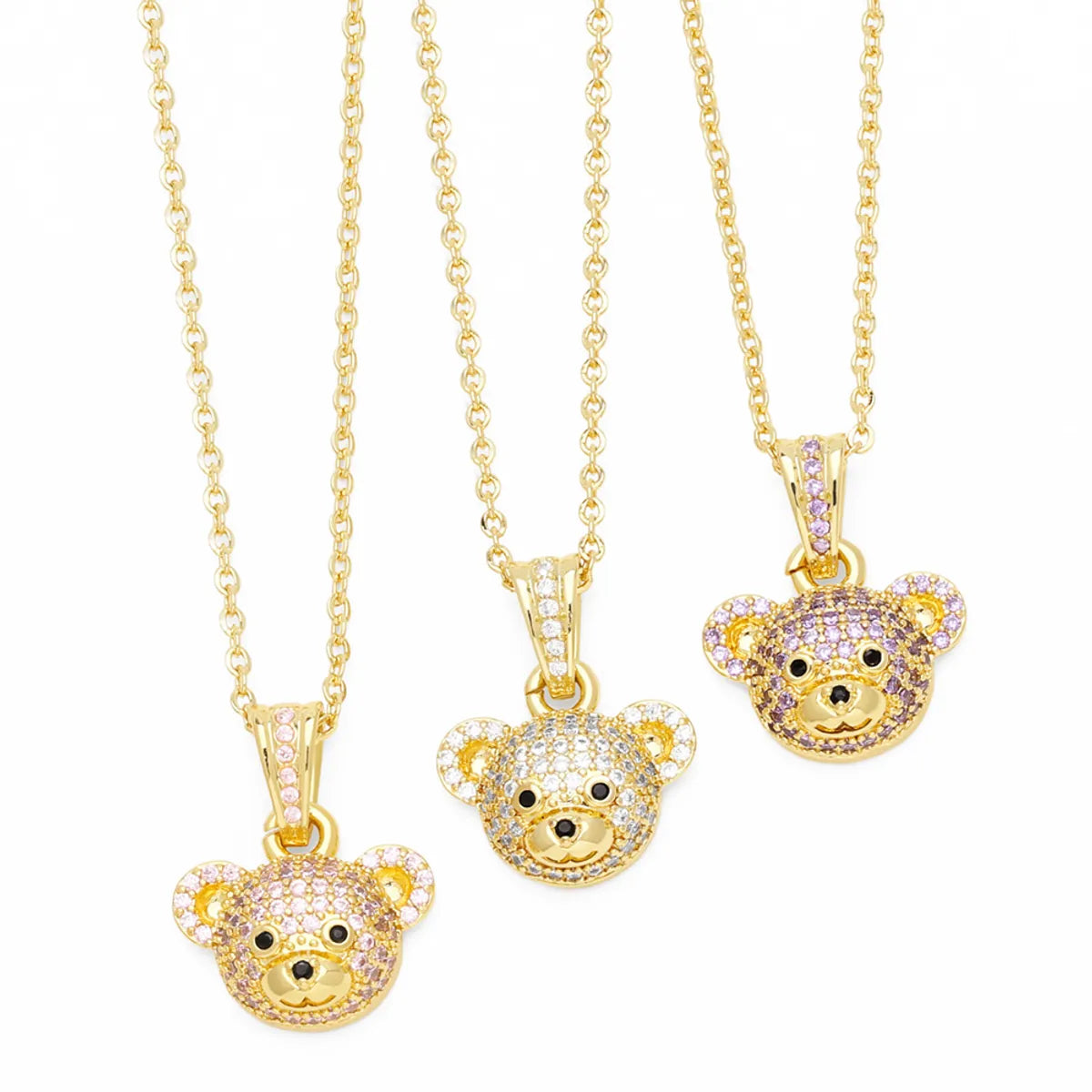 Cute Shiny Little Bear Stainless Steel Copper Plating Inlay Zircon 18k Gold Plated Pendant Necklace