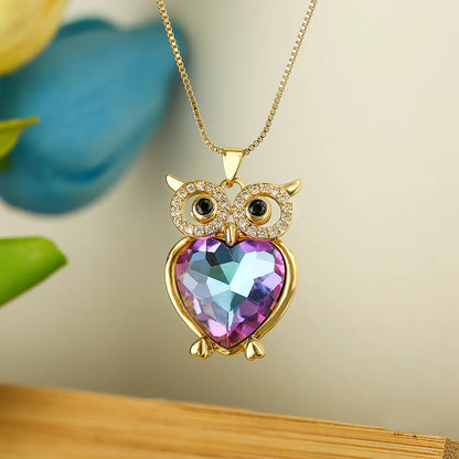 Cute Shiny Owl Copper 18k Gold Plated Zircon Pendant Necklace In Bulk