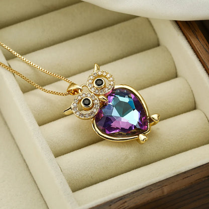 Cute Shiny Owl Copper 18k Gold Plated Zircon Pendant Necklace In Bulk