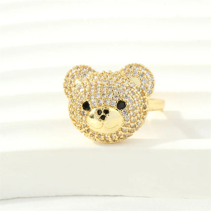 Cute Simple Style Bear Copper 18k Gold Plated Zircon Open Rings In Bulk