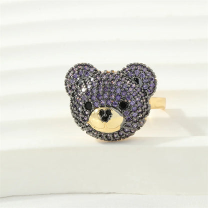 Cute Simple Style Bear Copper 18k Gold Plated Zircon Open Rings In Bulk