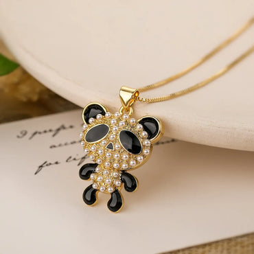 Cute Simple Style Commute Panda Copper 18k Gold Plated Artificial Pearls Zircon Pendant Necklace In Bulk