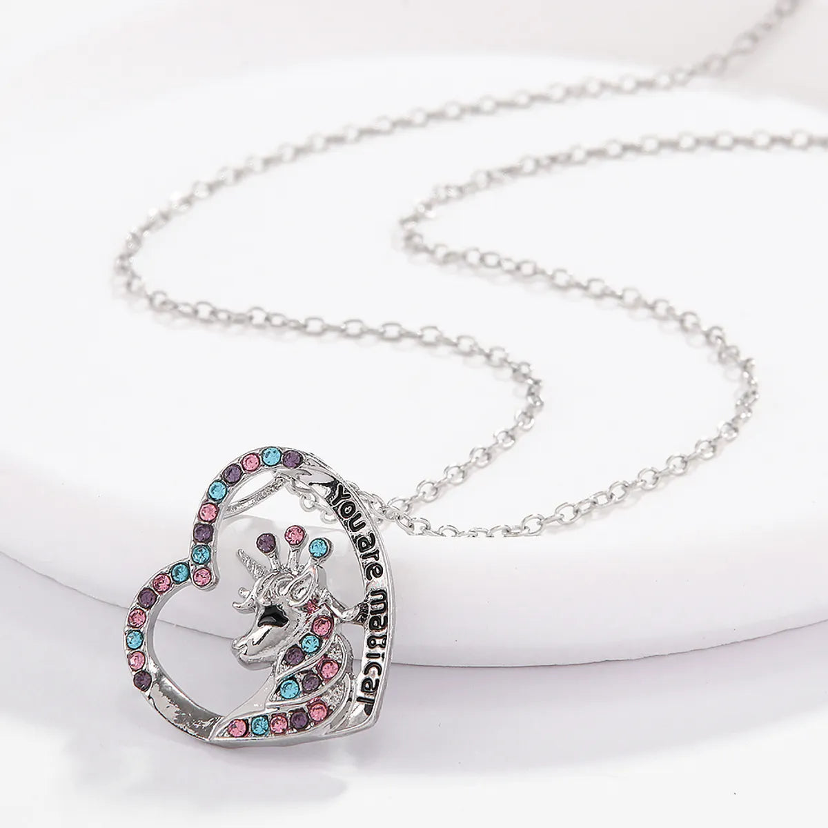 Cute Simple Style Heart Shape Unicorn Alloy Inlay Artificial Diamond Women's Pendant Necklace