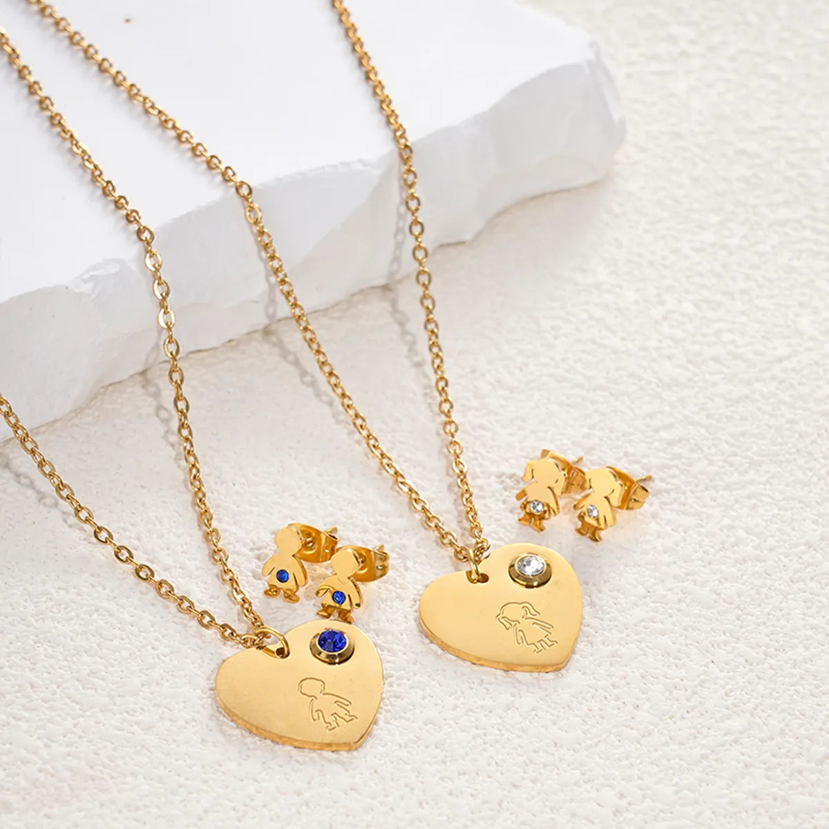 Cute Simple Style Human Heart Shape Stainless Steel Gem Plating Inlay Zircon 14k Gold Plated Earrings Necklace