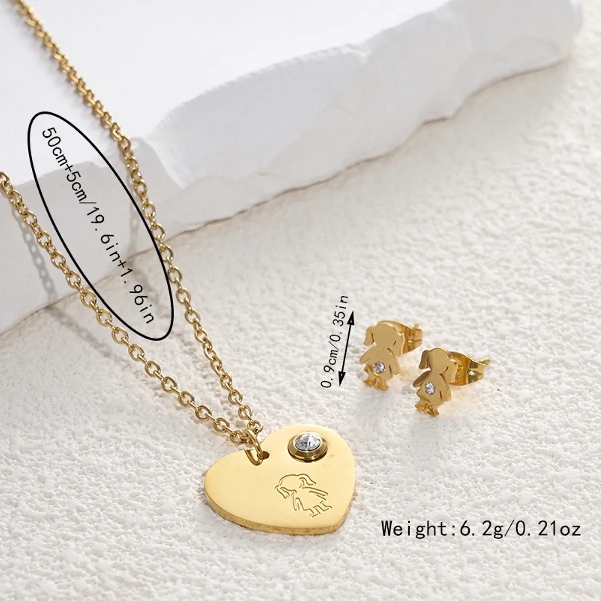 Cute Simple Style Human Heart Shape Stainless Steel Gem Plating Inlay Zircon 14k Gold Plated Earrings Necklace