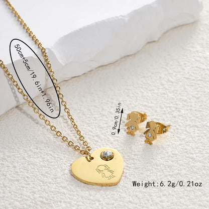 Cute Simple Style Human Heart Shape Stainless Steel Gem Plating Inlay Zircon 14k Gold Plated Earrings Necklace