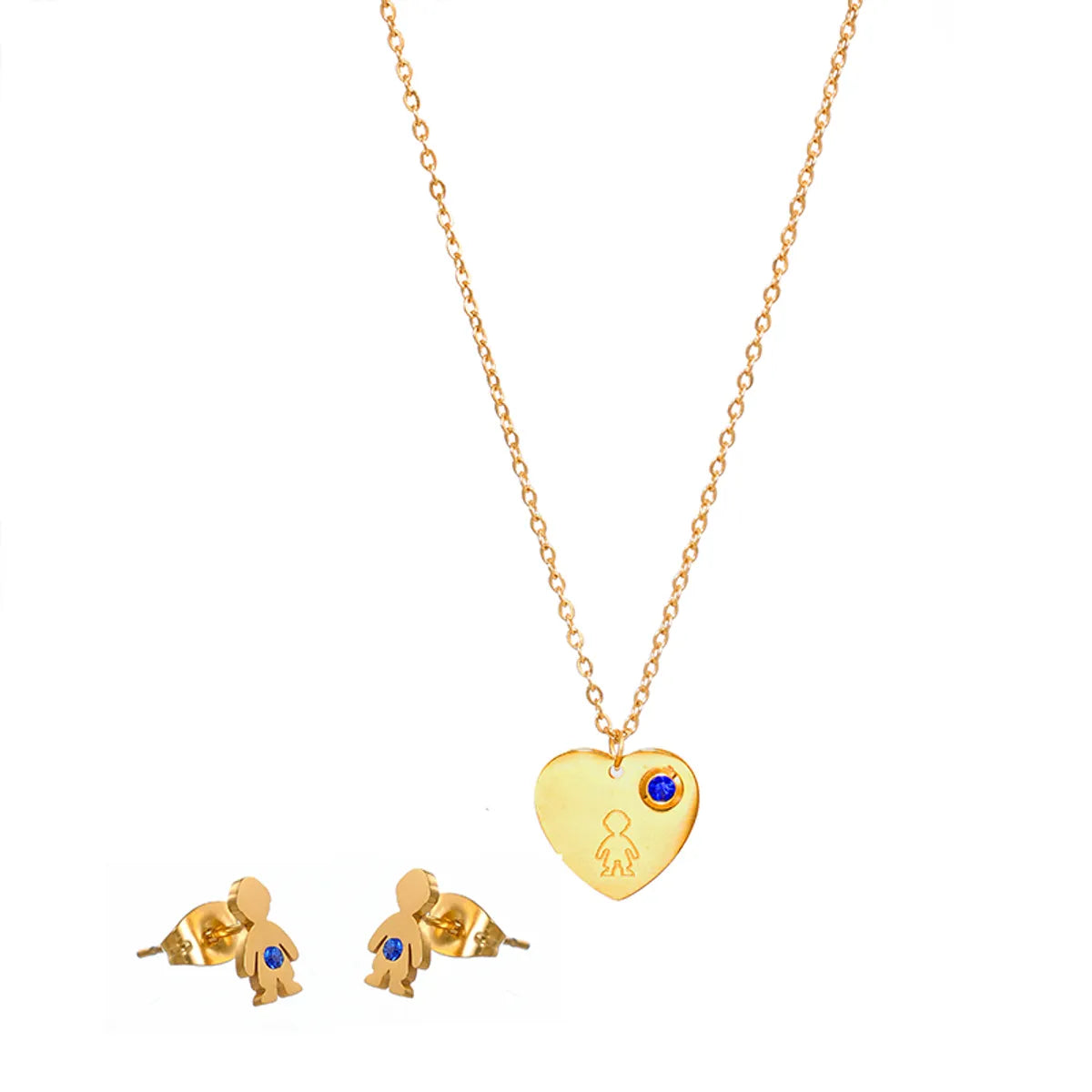 Cute Simple Style Human Heart Shape Stainless Steel Gem Plating Inlay Zircon 14k Gold Plated Earrings Necklace