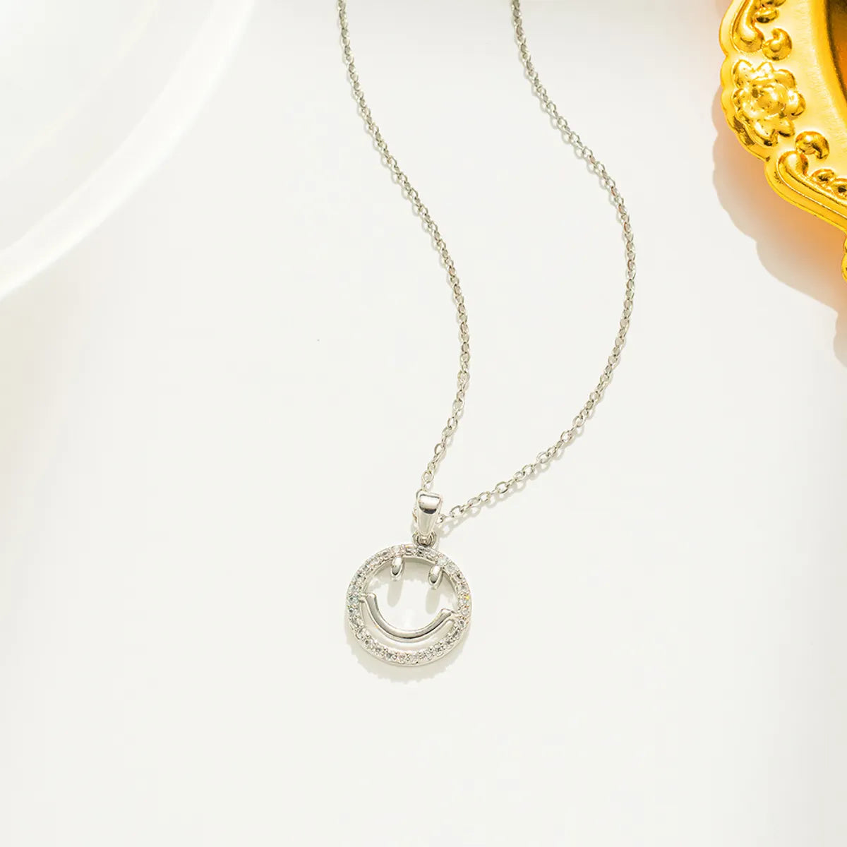 Cute Simple Style Smiley Face Titanium Steel Inlay Zircon Pendant Necklace