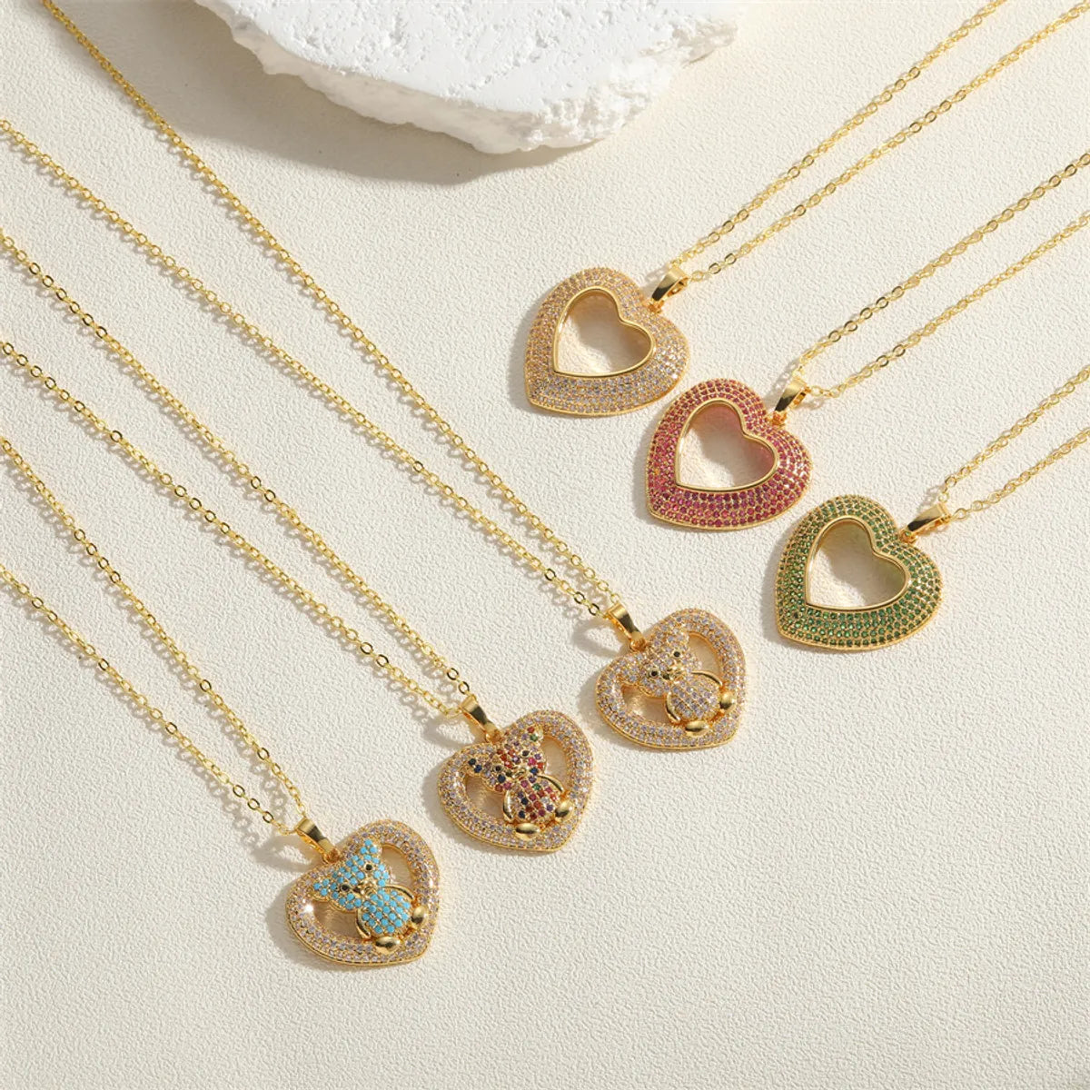 Cute Simple Style Streetwear Little Bear Heart Shape Copper Plating Inlay Zircon 14k Gold Plated Pendant Necklace