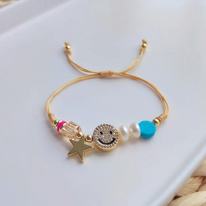 Cute Star Freshwater Pearl Rope Copper Knitting Plating Inlay Rhinestones 18k Gold Plated Women'S Bracelets