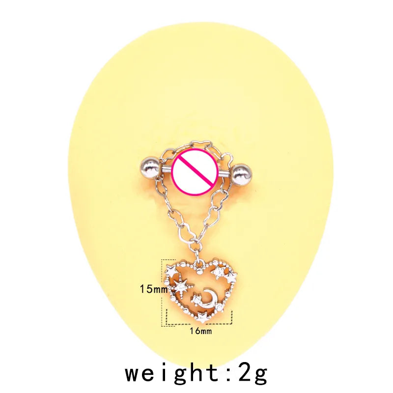 Cute Starry Sky Moon Heart Shape Stainless Steel Copper White Gold Plated Gold Plated Rhinestones Nipple Ring In Bulk