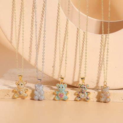 Cute Streetwear Bear Brass 14k Gold Plated White Gold Plated Zircon Pendant Necklace In Bulk