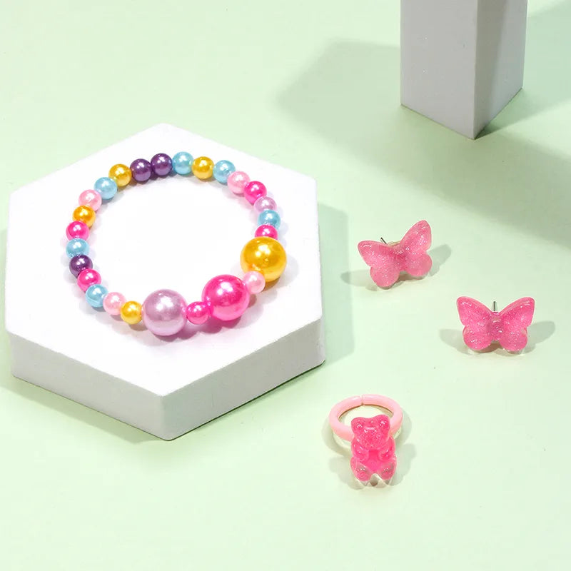 Cute Sweet Bear Butterfly Beaded Plastic Resin Girl'S Rings Bracelets Ear Studs