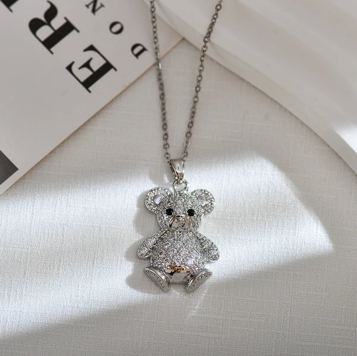 Cute Sweet Bear Titanium Steel Copper Bear Inlay Zircon Pendant Necklace