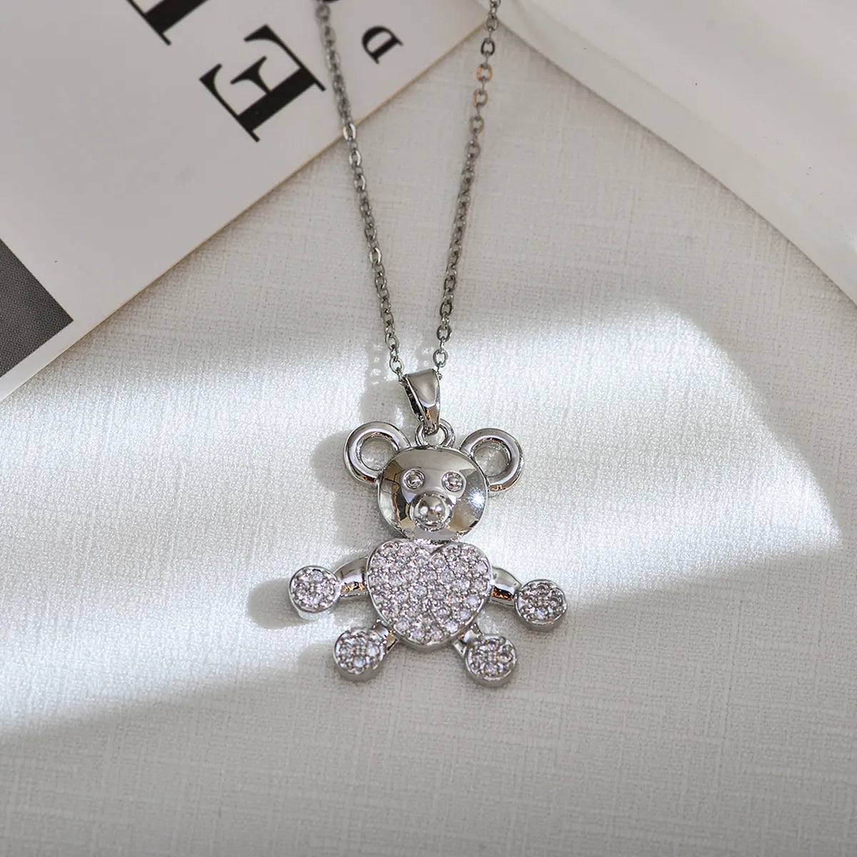 Cute Sweet Bear Titanium Steel Copper Bear Inlay Zircon Pendant Necklace