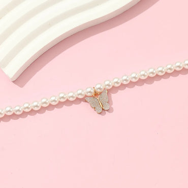 Cute Sweet Butterfly Artificial Pearl Metal Beaded Girl's Pendant Necklace