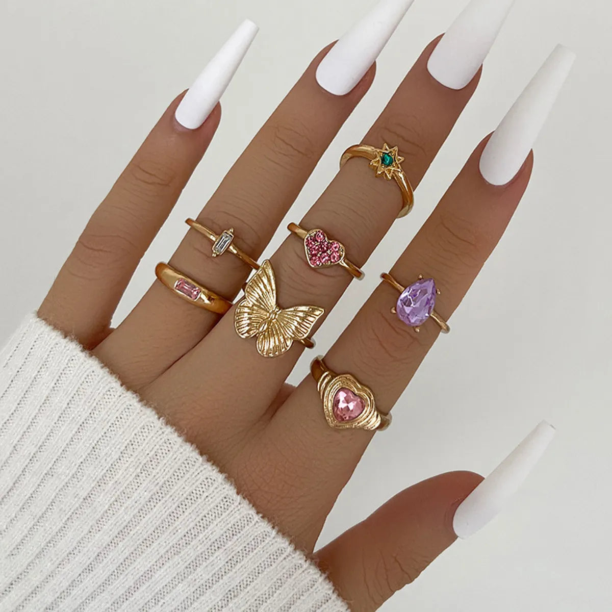 Cute Sweet Devil'S Eye Heart Shape Butterfly Alloy Enamel Plating Inlay Rhinestones Women'S Rings