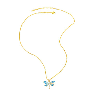 Cute Sweet Dragonfly Stainless Steel Copper Enamel Plating Zircon 18k Gold Plated Pendant Necklace