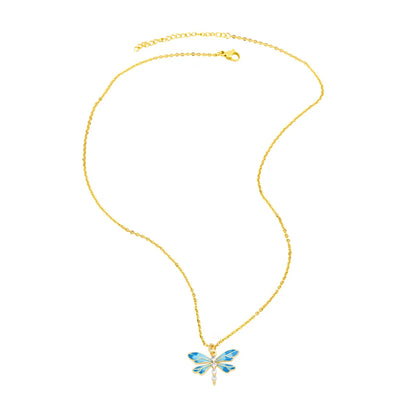 Cute Sweet Dragonfly Stainless Steel Copper Enamel Plating Zircon 18k Gold Plated Pendant Necklace