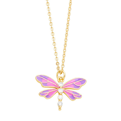 Cute Sweet Dragonfly Stainless Steel Copper Enamel Plating Zircon 18k Gold Plated Pendant Necklace