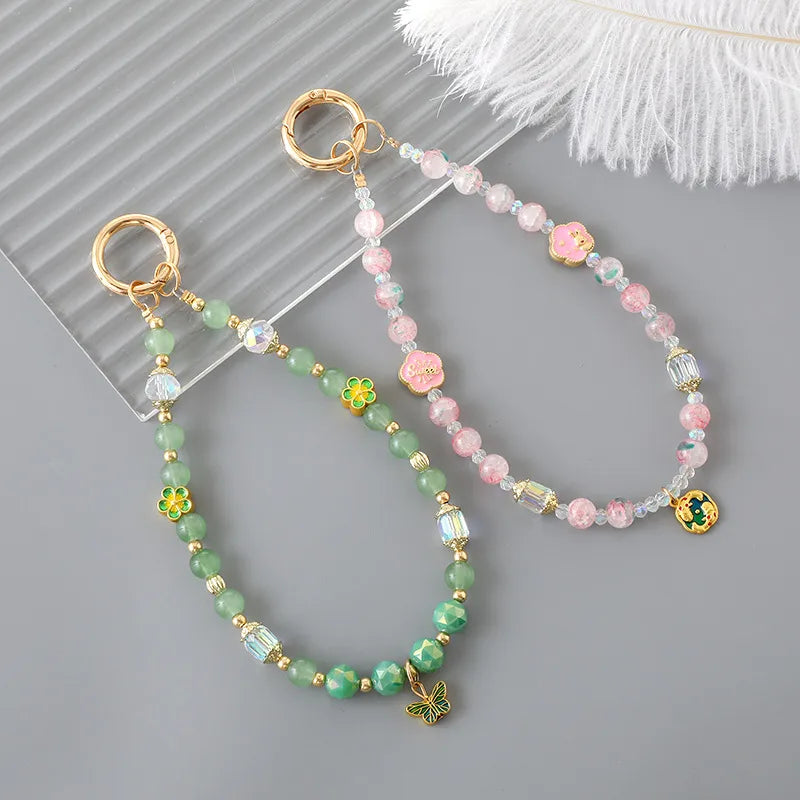 Cute Sweet Flower Bow Knot Artificial Crystal Glass Beaded Bag Pendant Mobile Phone Chain Keychain