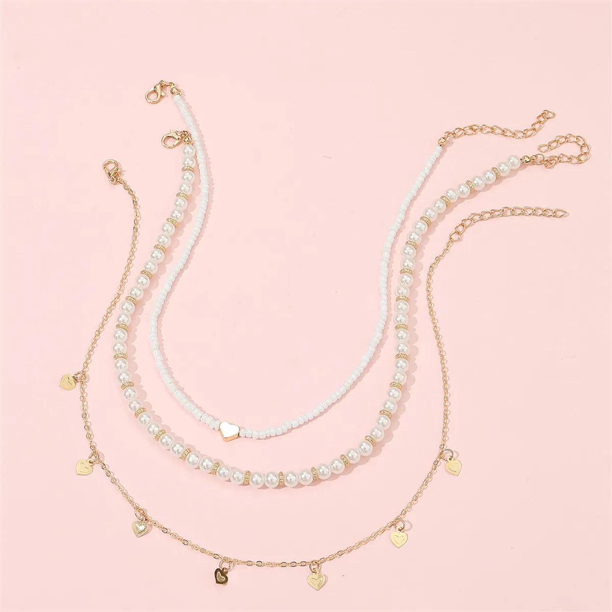 Cute Sweet Heart Shape Artificial Pearl Alloy Beaded Girl'S Necklace