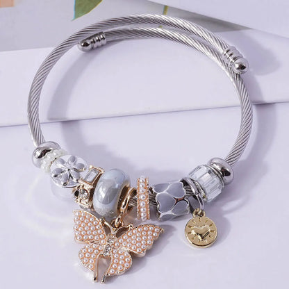 Cute Sweet Heart Shape Bow Knot Alloy Steel Wire Plating Inlay Artificial Pearls Women's Bangle