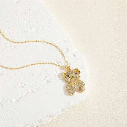 Cute Sweet Little Bear Copper Plating Inlay Zircon 14k Gold Plated Pendant Necklace