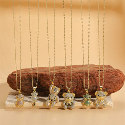 Cute Sweet Little Bear Copper Plating Inlay Zircon 14k Gold Plated Pendant Necklace