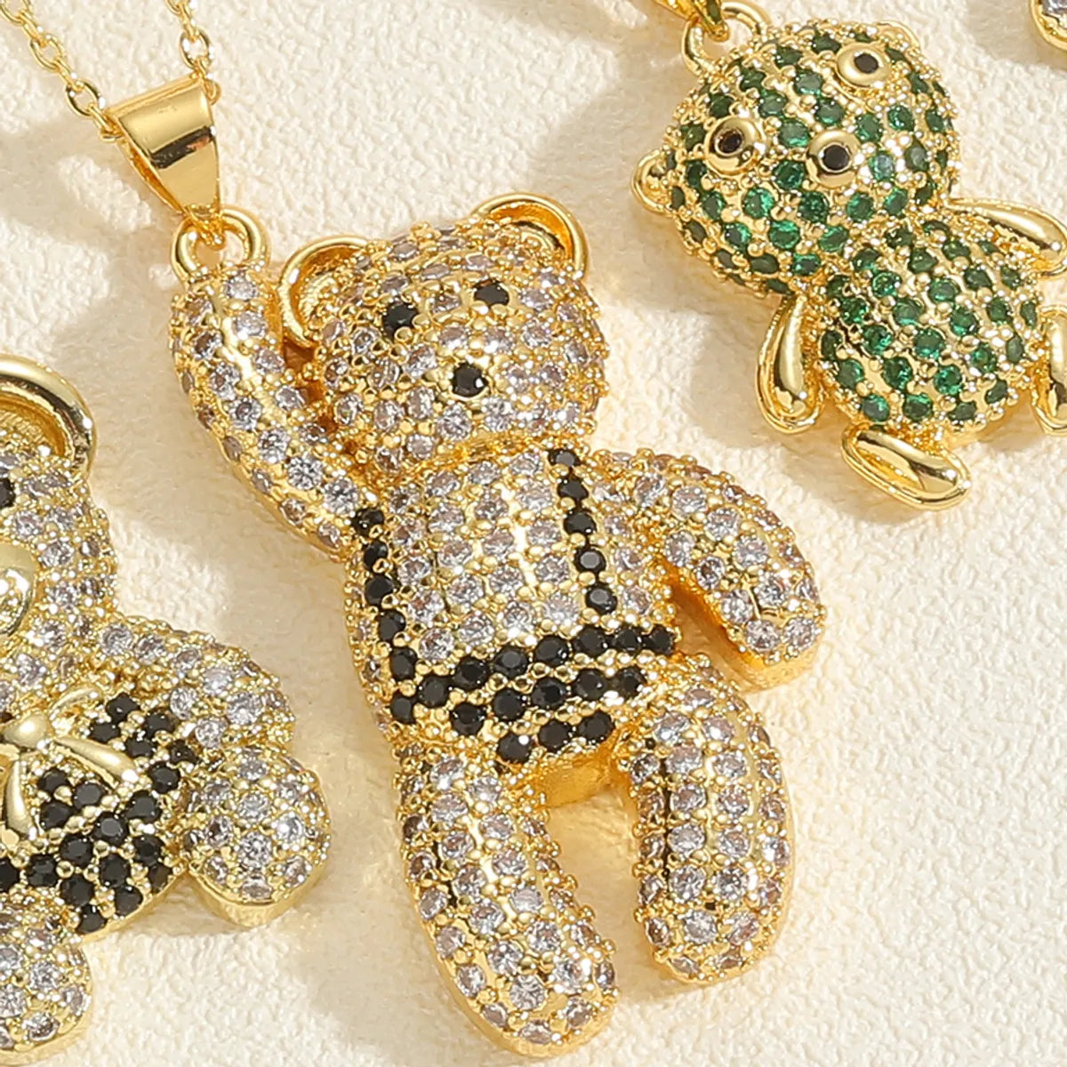 Cute Sweet Little Bear Copper Plating Inlay Zircon 14k Gold Plated Pendant Necklace