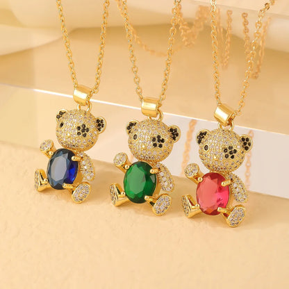 Cute Sweet Little Bear Copper Gold Plated Zircon Pendant Necklace In Bulk