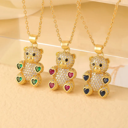 Cute Sweet Little Bear Copper Gold Plated Zircon Pendant Necklace In Bulk