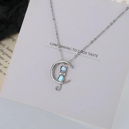 Cute Sweet Simple Style Animal Moon Cat Artificial Rhinestones Zircon Alloy Copper Wholesale Pendant Necklace