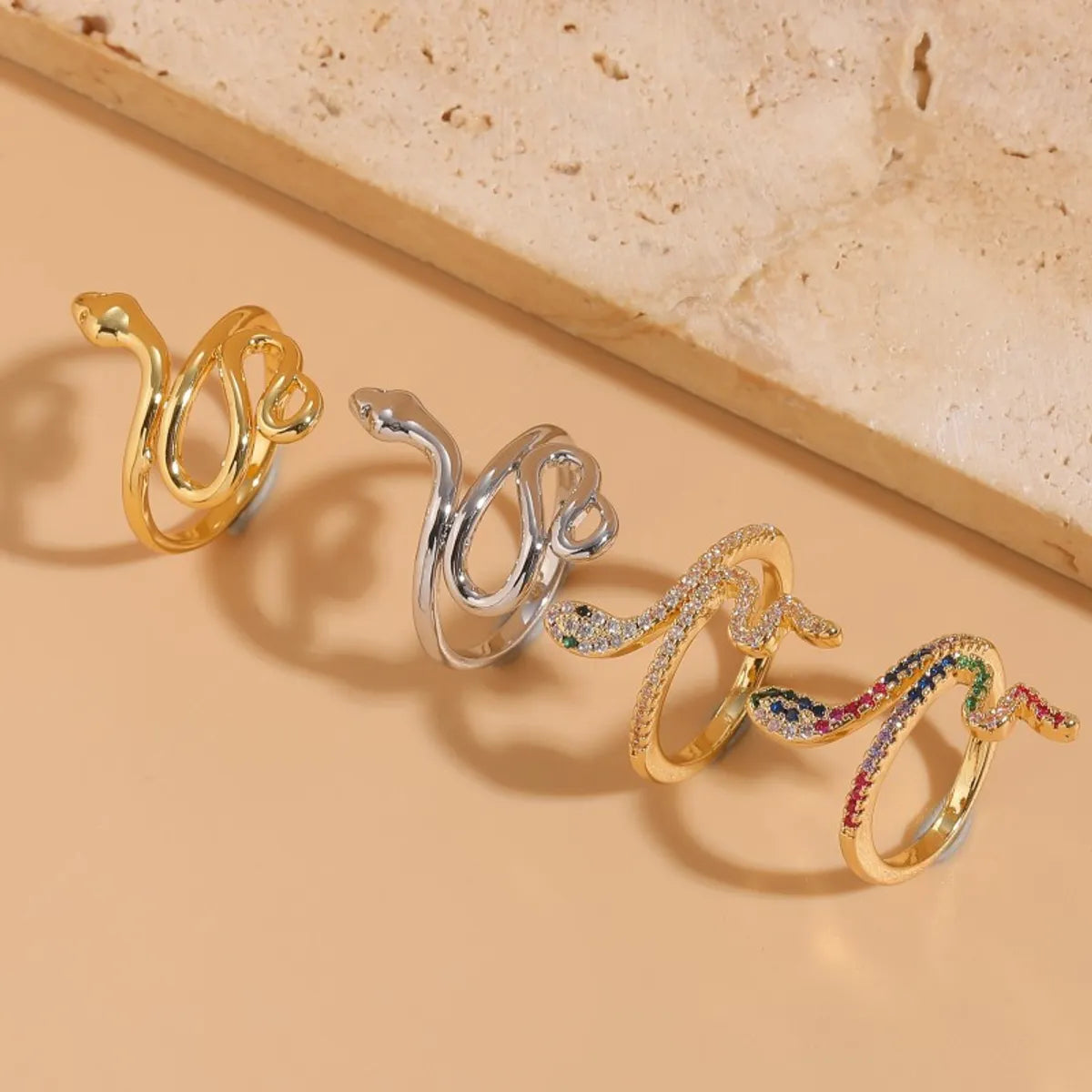 Cute Sweet Simple Style Snake Copper 14k Gold Plated White Gold Plated Zircon Open Rings In Bulk