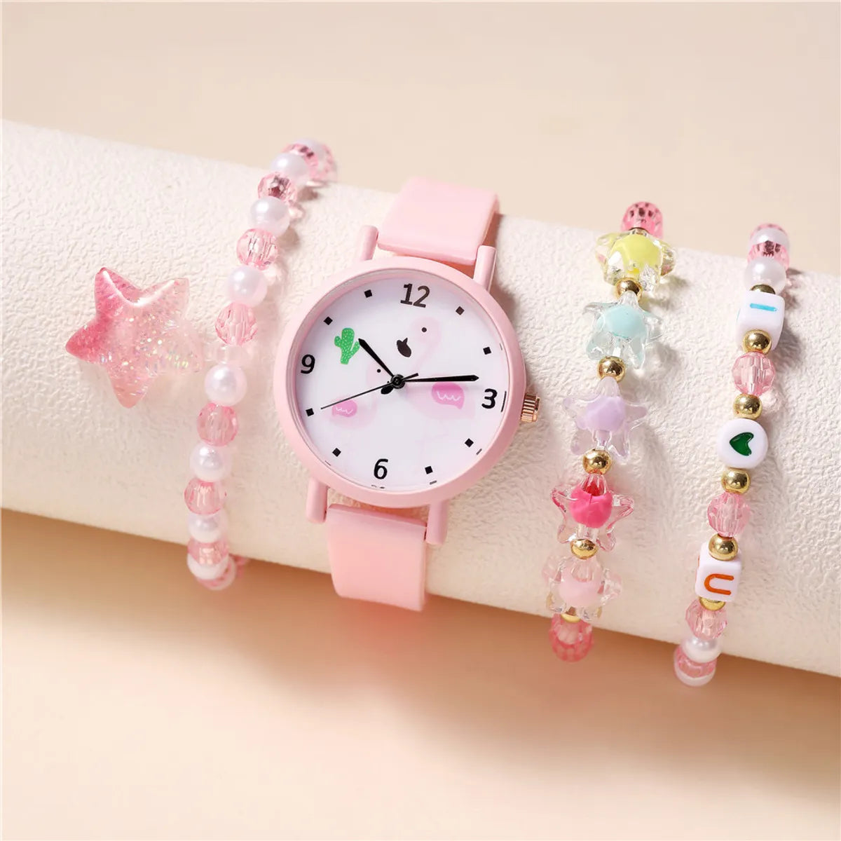 Cute Sweet Star Flamingo Heart Shape Buckle Quartz Kids Watches